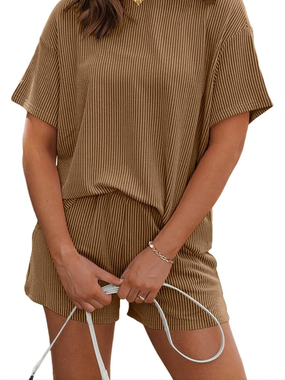 ViVI Ribbed Short Sleeve Top and Shorts Set in Camel